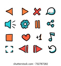 Doodle media player icon set isolated on white background.