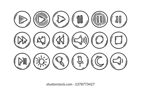 Botones de círculo de medios Doodle y de interfaz de vídeo. Conjunto de iconos de control de esbozo dibujados a mano. Teclado superior Lap. Reproducir, pausar, detener, avanzar, rebobinar las teclas. Ilustración del vector