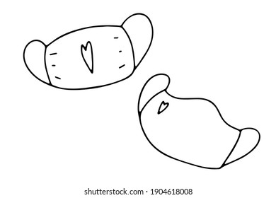 Doodle medical face mask with heart print. Outline mask isolated on white background. Hand-drawn personal protective equipment against virus, coronavirus. Lovers' items. Vector I love you illustration