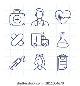 Doodle medical icons set part 1. Doodle icons. Vector illustration. Medical portfolio doctor heart patch ambulance car test tube syringe nurse tablet