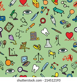 Doodle medical seamless pattern, isolated elements, medicine icons set, vector illustration 