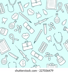 Doodle medical seamless pattern. Set of medicine icons. Vector illustration