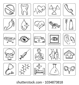 Doodle medical sketch illustration set. Hand drawn of 25 vector icons for web