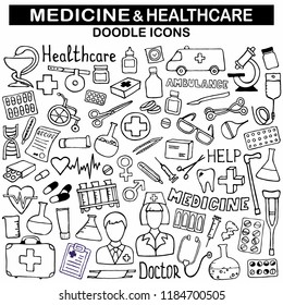 Doodle medicine icon set for your design. Hand drawn Health care, pharmacy, medical cartoon icons collection. Medical symbols. Vector illustrations eps 10.