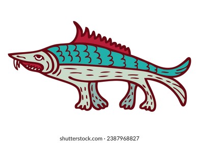 Doodle medieval bestiary style crocodile fish. Perfect for sticker, card, poster. Hand drawn isolated vector illustration.




