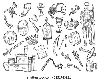 Doodle Medieval Icons Set. Middle Age Castle Weapons And Tools. Vector Illustration Collection. Hand Drawn Line Art Style. Vector Sketch Of Medieval And History Concept