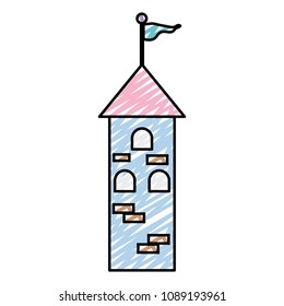 doodle medieval tower building with flag and windows