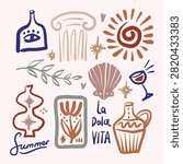 Doodle mediterranean summer clipart set featuring ancient greek column, terracotta amphora, seashell, wine glass, olive branch, sunburst, and la dolce vita lettering in artisanal vector