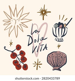 Doodle mediterranean summer vibe set with gelato ice cream, cherry tomatoes, seashell, sunburst face, heart, and la dolce vita lettering in artisanal vector