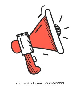Doodle megaphone icon vector isolated. Cute and funny symbol of communication. Red bullhorn, loudspeaker.