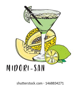 Doodle melon cut yellow outline drawn Midori liqueur and near lemon on white background