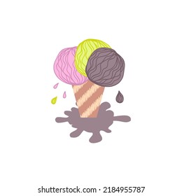 Doodle melting assorted ice cream cup with drops and puddle. Perfect print for tee, stickers, poster. Hand drawn isolated vector illustration for decor and design.

