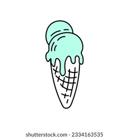 Doodle melting ice cream. Vector illustration with line art cone and ice cream balls. Vector illustration