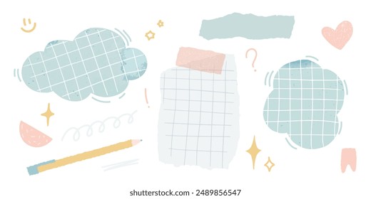 Doodle memo clouds and torn notes, grip paper, small drawing elements like stars and heart. journal vector box, notebook shape.