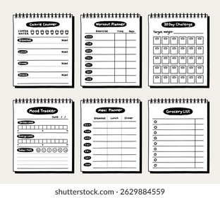 Doodle Memo Pads Collection. Diet and Workout Plannner template illustration vector set.