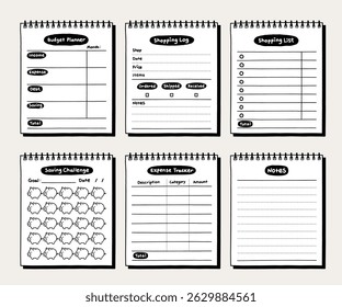 Doodle Memo Pads Collection. Financial Planner template illustration vector set.