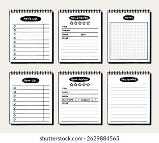 Doodle Memo Pads Collection. Movie and Book Review template illustration vector set.