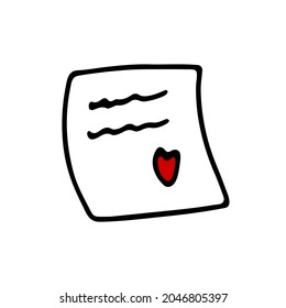 Doodle memo sticker with heart. Hand-drawn outline notepaper isolated on white background. Sign of congratulation, message, wedding, Valentines Day, reminder, memory, love. Vector cute illustration