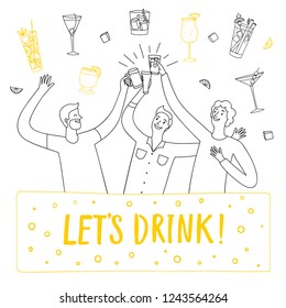 Doodle men drinking at the bar.  Including doodle set of drinks. Cartoon vector  illustration for your design.