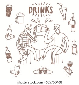 Doodle men friends drinking beer. Including set of  hands with drinks and bottles. Hand drawn brush vector cartoon illustration for your design.