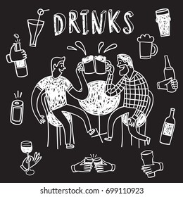 Doodle men friends drinking beer. Including set of  hands with drinks and bottles. Hand drawn black and white vector cartoon illustration for your design.