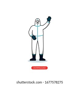 Doodle men wearing white hazmat suit from ahead. covid cartoon