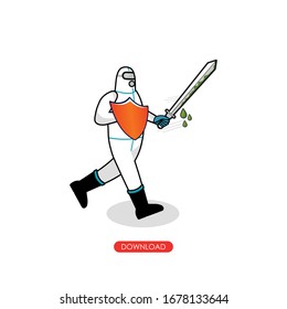 Doodle men wearing white hazmat suit with sword and shield. covid cartoon