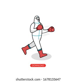 Doodle men wearing white hazmat suit with boxing. covid cartoon