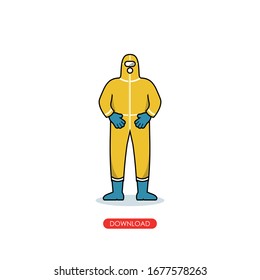 Doodle men wearing yellow hazmat suit from ahead. covid cartoon