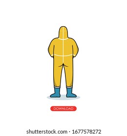 Doodle men wearing yellow hazmat suit from back. covid cartoon