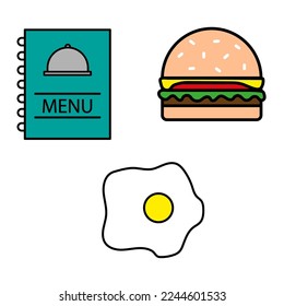 Doodle menu burger scrambled eggs. Vector illustration. Stock image.