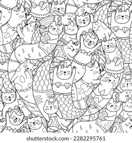 Doodle mermaid cats black and white seamless pattern. Coloring page with cute feline animals for coloring book. Outline background. Vector illustration