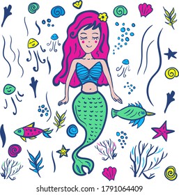 Ilustración de la sirena Doodle. Ilustración vectorial con sirena