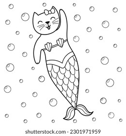 Doodle mermaid cat coloring page. Funny feline character underwater print in cartoon style. Line art print for coloring book and cards. Vector illustration
