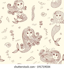 Doodle mermaids seamless pattern. Vector sketch background.