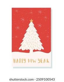 Doodle Merry Christmas card with Christmas Tree. Flat Vector illustrations Isolated On a Background. Xmas Red and Golg color Greeting cards template and backgrounds collection