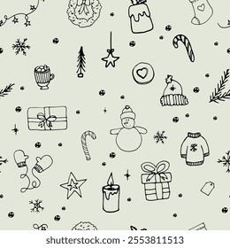 Doodle merry Christmas happy new year seamless background pattern. Vector illustration doodles, line art sketch 
