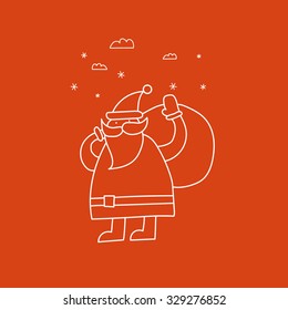 Doodle Merry Christmas and Happy New Year Santa carries a bag with gifts.