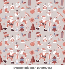 Doodle Merry Christmas seamless pattern with Santa Claus, bird, candies and toys. Seamless pattern for wallpapers, pattern fills, web page backgrounds. Flat hand drawn vector illustration