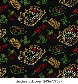 Doodle Mexican food seamless pattern. Dark theme. Vector contour drawings isolated on black background. Unique retro print design for textile, wallpaper, interior, wrapping