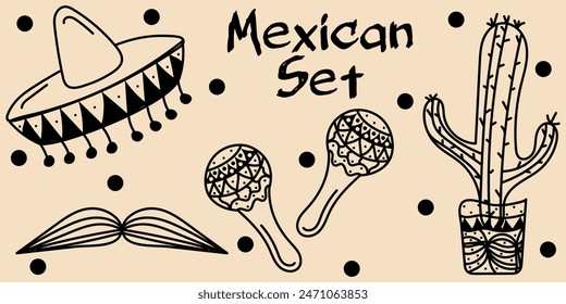 Doodle Mexican set with decor dots: sombrero, cactus in pot, mustache, maraca. Vector hand drawn illustration in black, beige colors. Isolated on beige background. Latin American culture