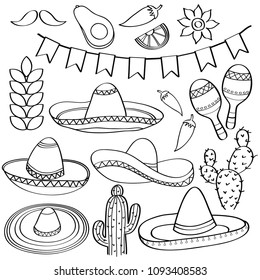 Doodle Mexico symbol collection  isolated in black and white for coloring, vector