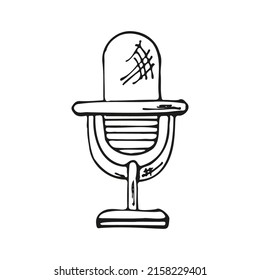 Doodle microphone with musical notes for karaoke. Vector icon in sketch style.