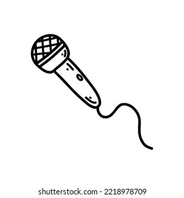 Doodle microphone with wire. Vector sketch illustration of musical instrument for singing, performances, karaoke, black outline art for web design, icon, print, coloring page.