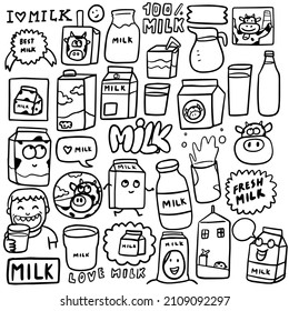 doodle milk hand draw cartoon set black and white
