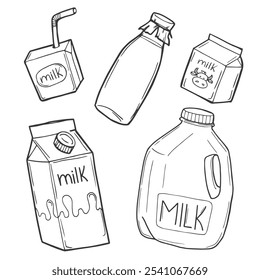 Pacote de leite de doodle definido. Leite de caixa e galão de leite desenhado à mão esboço ilustração