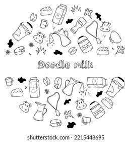 Doodle milk set in circle with free place for title. Vector illustration isolated on white background.