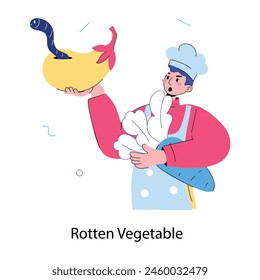 A doodle mini illustration of chef holding rotten vegetable 