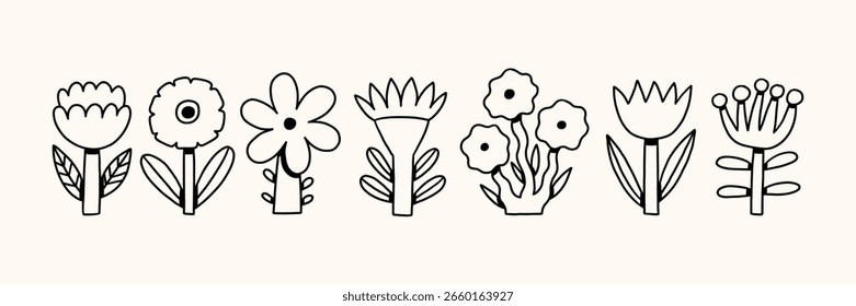 Doodle Minimalist Spring Flower with Leaf Icon Set. Cute Floral Plant Element Collection. Vector Black Line Hand Drawn Illustration