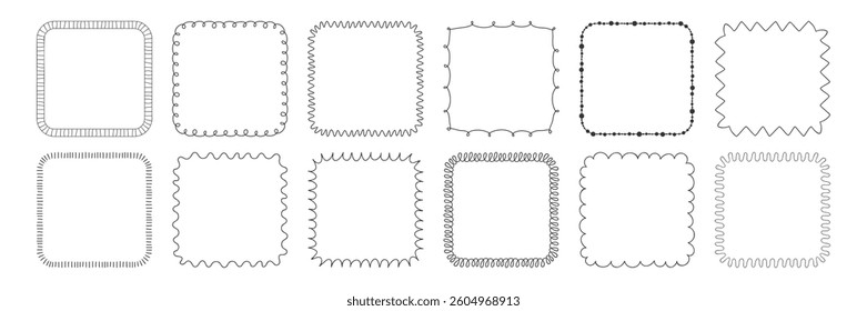Doodle minimalist Square Black line frame Set . Simple Whimsical borders with sketchy scribble edge. Template for invitation, poster, card, scrapbook, label, social media, Child creative design